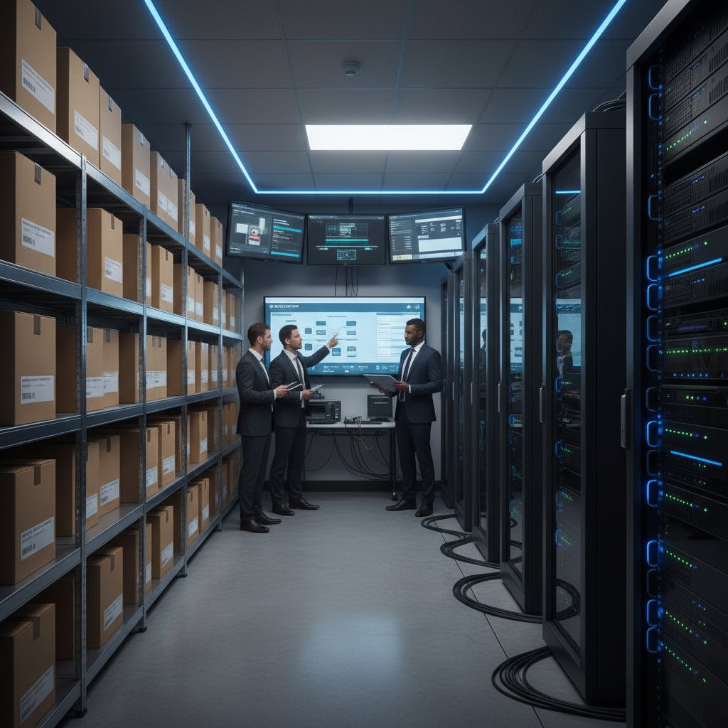 Archive boxes stacked beside high-tech servers in a gritty backroom, symbolizing the ongoing battle between paper and digital transformation in document digitization software industry