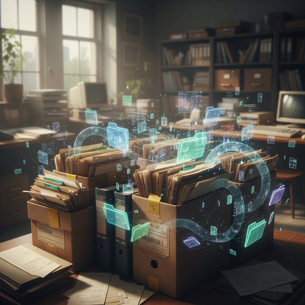 Archive boxes morph into tangled digital folders with office background