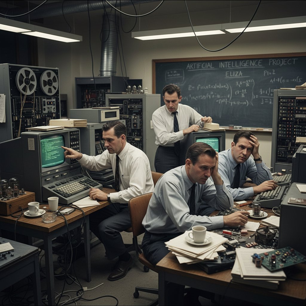 Photo of an archive computer lab with engineers programming early AI in a cluttered workspace, conveying a pioneering and tense mood