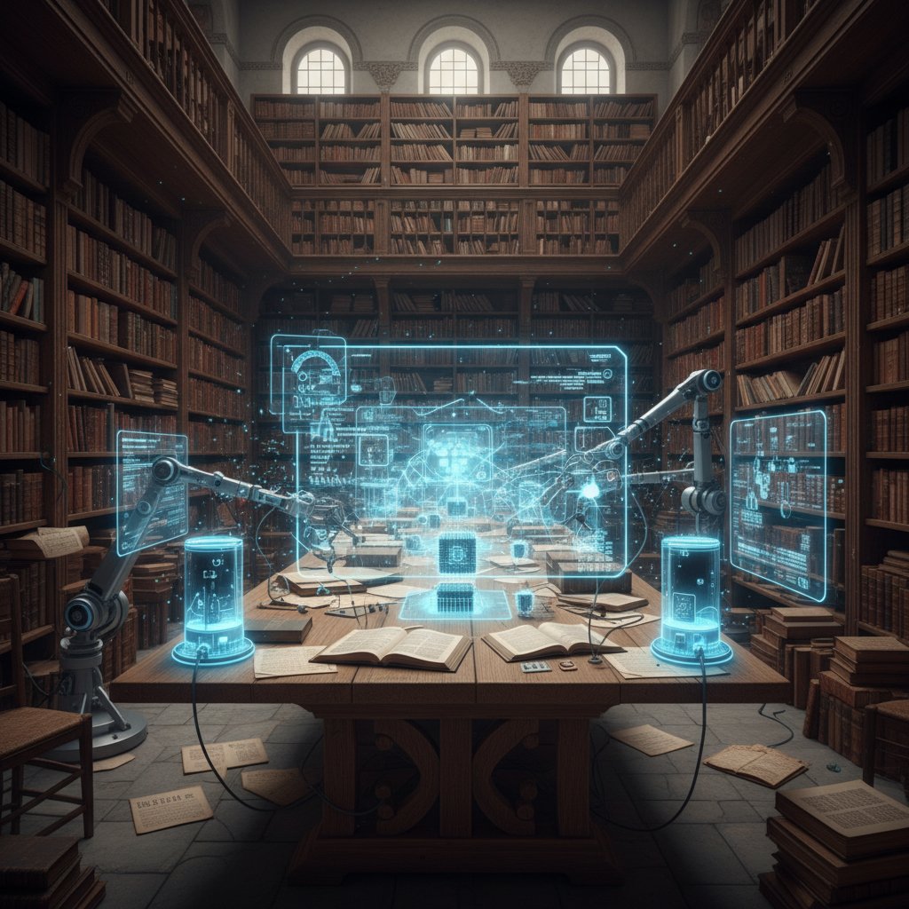 Archiwum dokumentów i nowoczesne algorytmy AI w jednym kadrze, symbolizujące ewolucję analizy treści