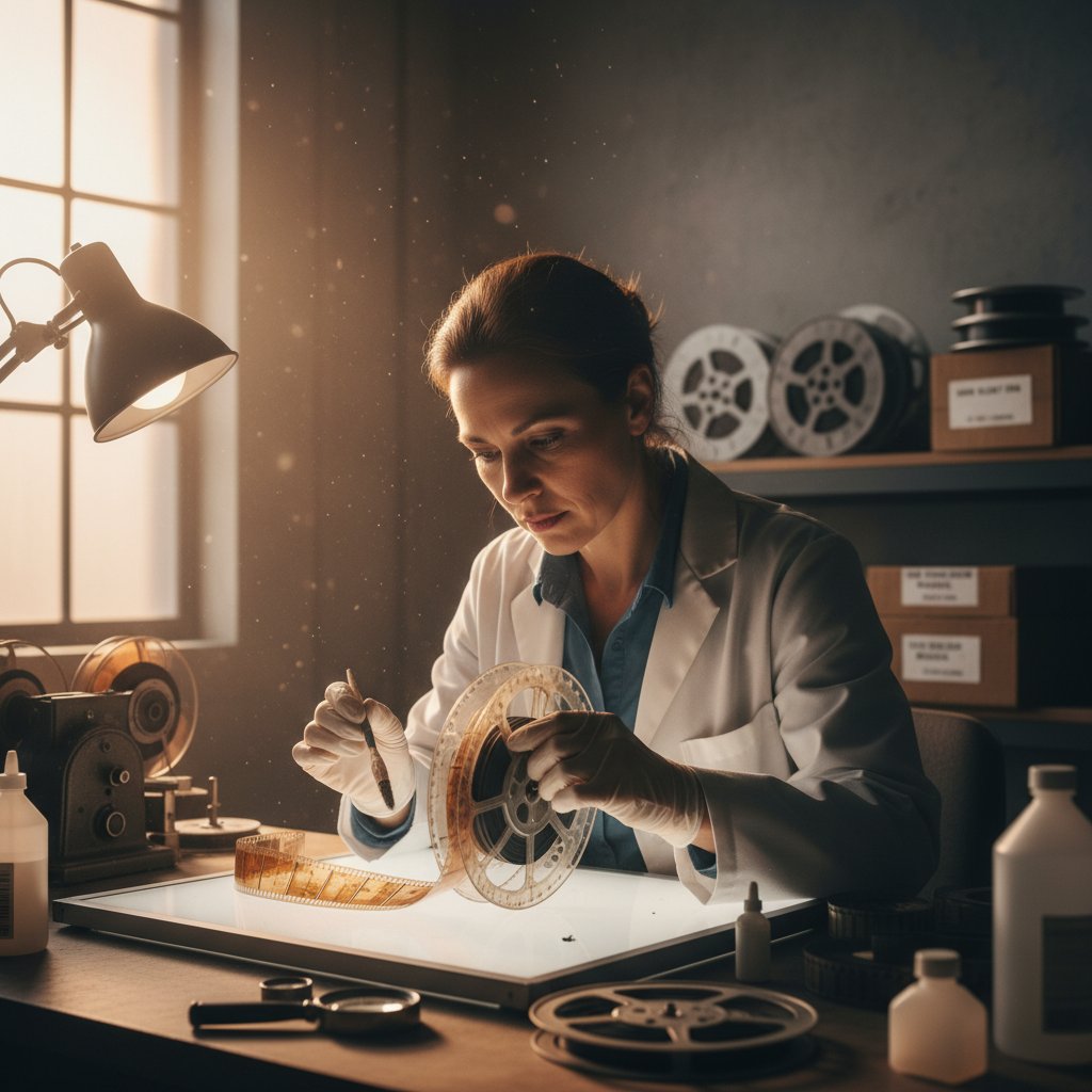 Archivist restoring early celluloid film reels, movie film stocks preservation process