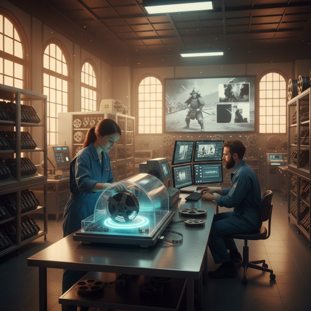 Archivists working on film reels in a high-tech lab, golden light, dramatic focus, akira kurosawa movies restoration