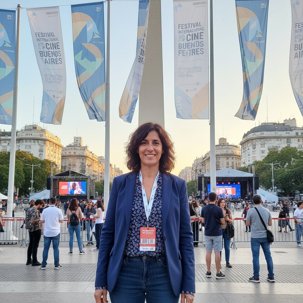 Travelogue wide shot photo of Argentinian filmmaker at international festival with city landmark, proud mood