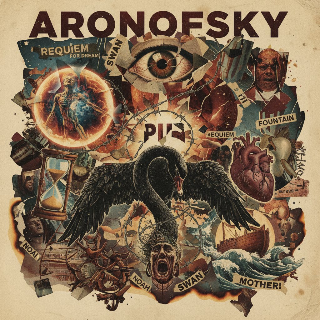 Best order to watch Darren Aronofsky films, collage of film posters layered with visual chaos