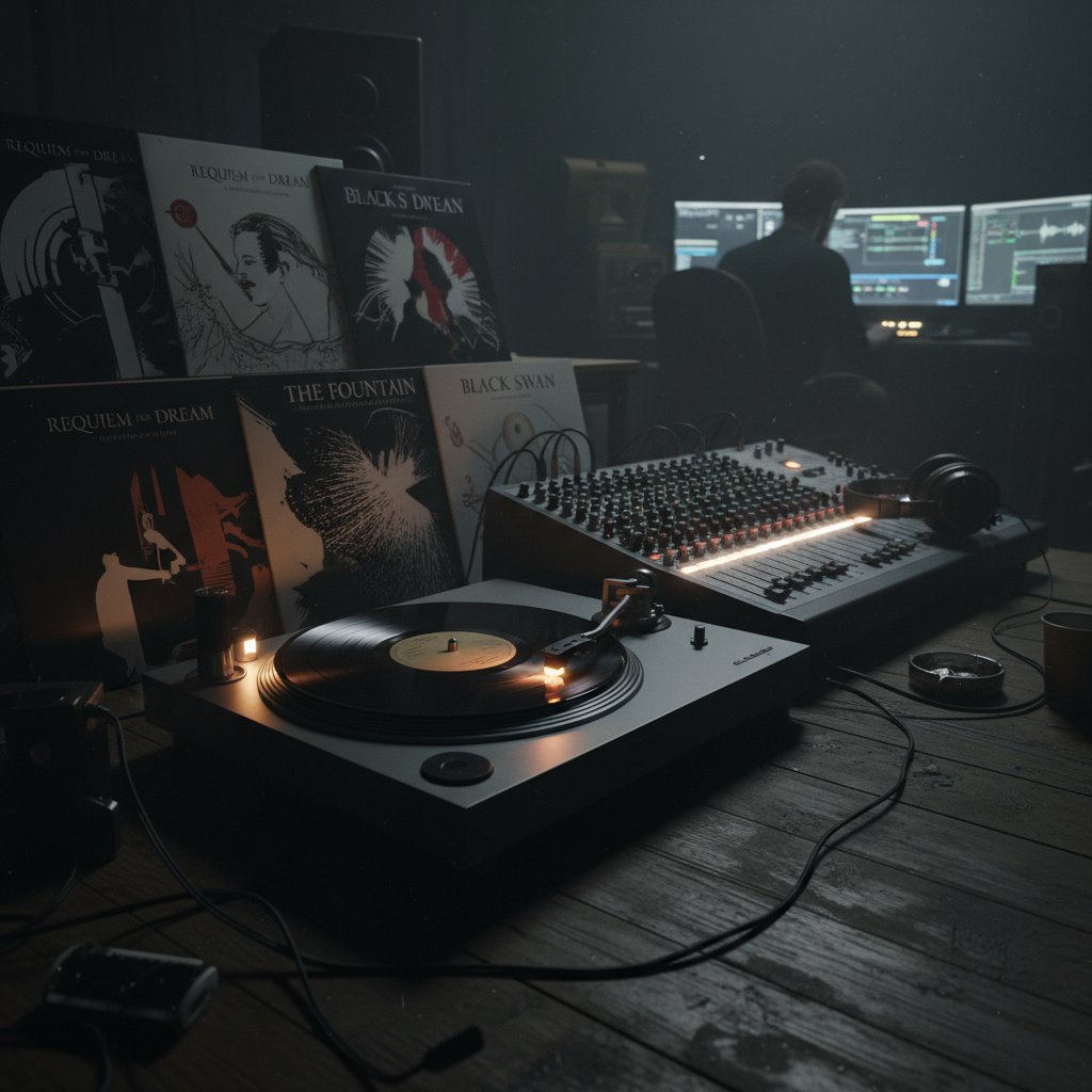 Sound and music as tension in Aronofsky films, close-up of turntable, vinyl spinning, dark lighting