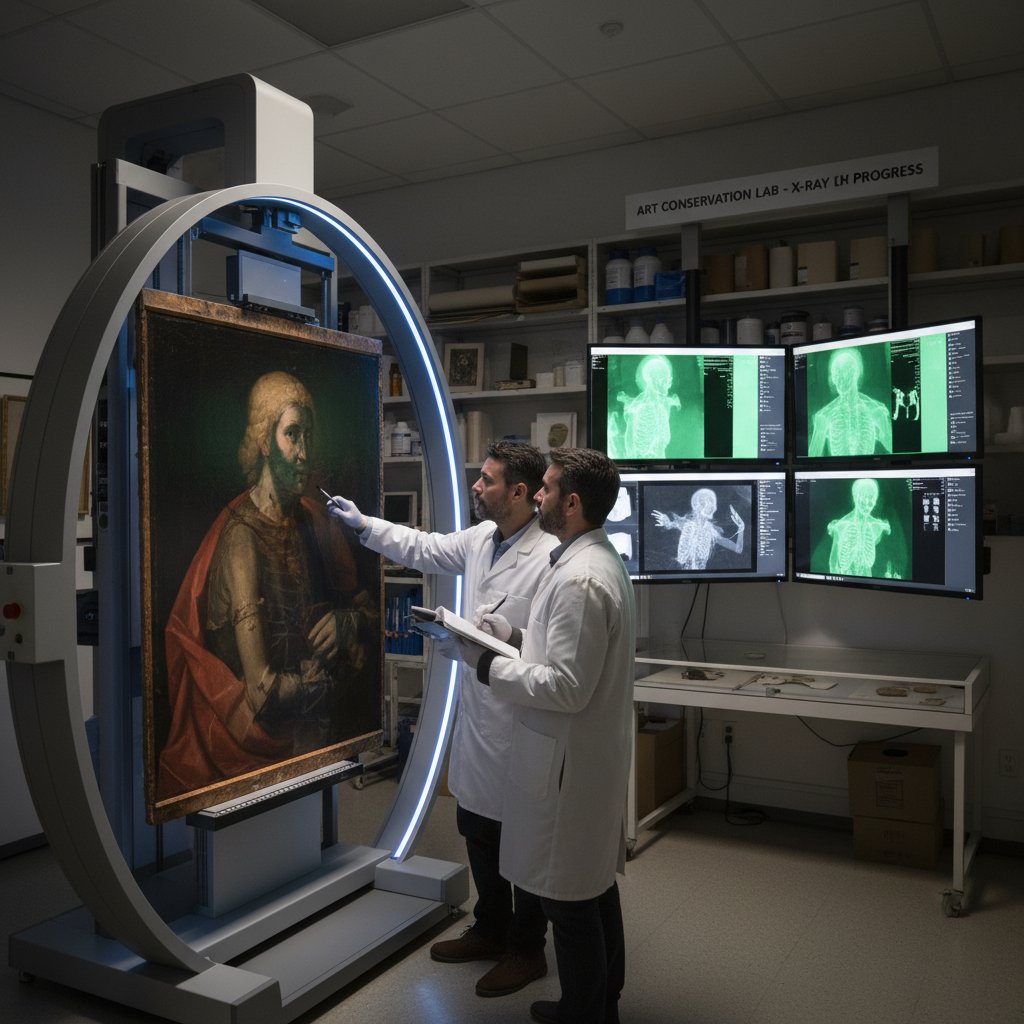 Konserwator analizujący obraz przy użyciu przenośnego skanera RTG, muzeum, sztuka
