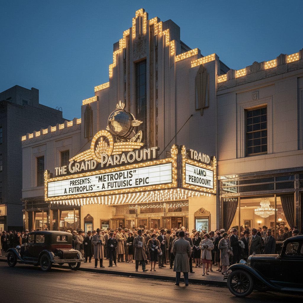 Early 20th-century movie theater with vintage charm, glowing marquee lights and crowds in 1920s attire