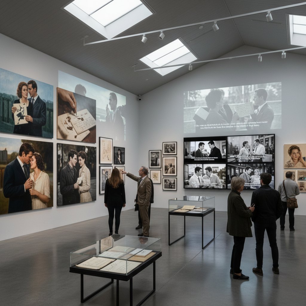 Art gallery with paintings and photos of love letter scenes from movies
