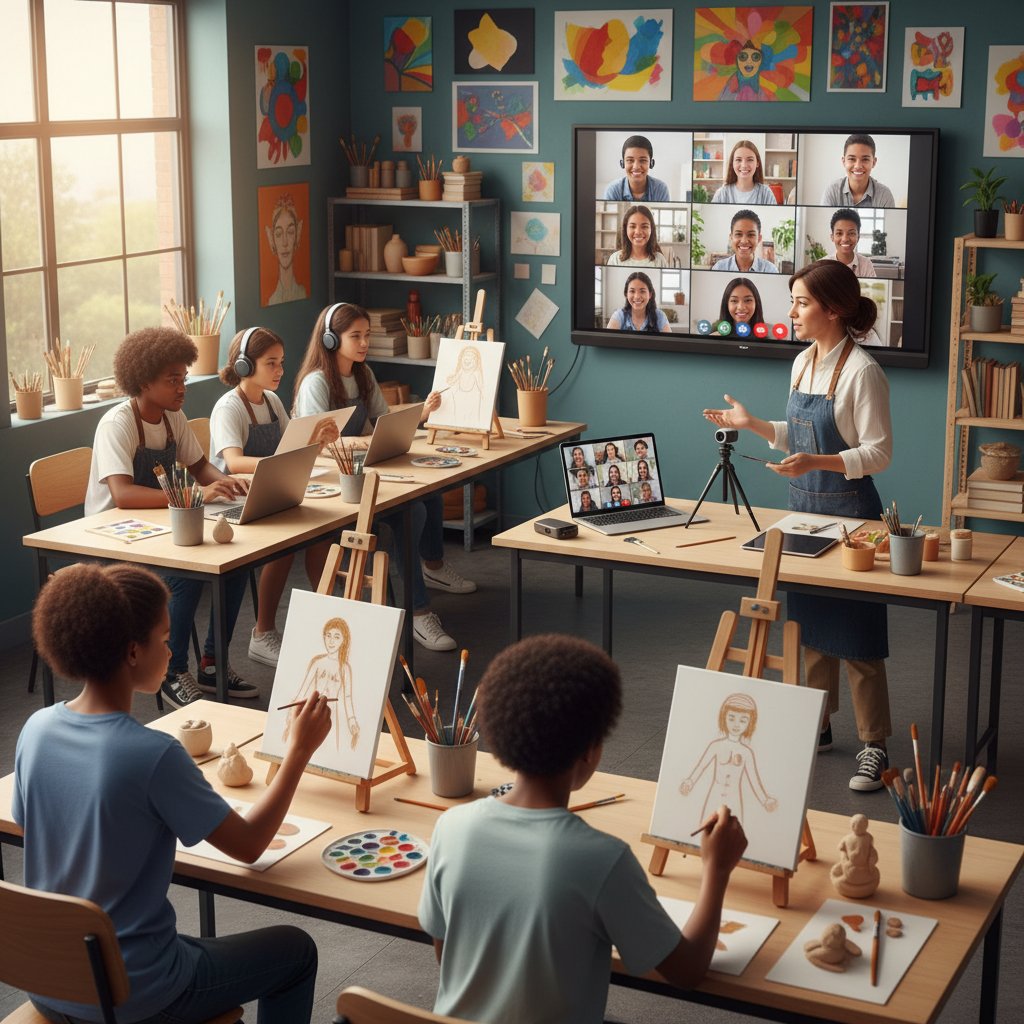 Nauczyciel plastyki prowadzi zajęcia hybrydowe z grupą uczniów, część online, część w klasie