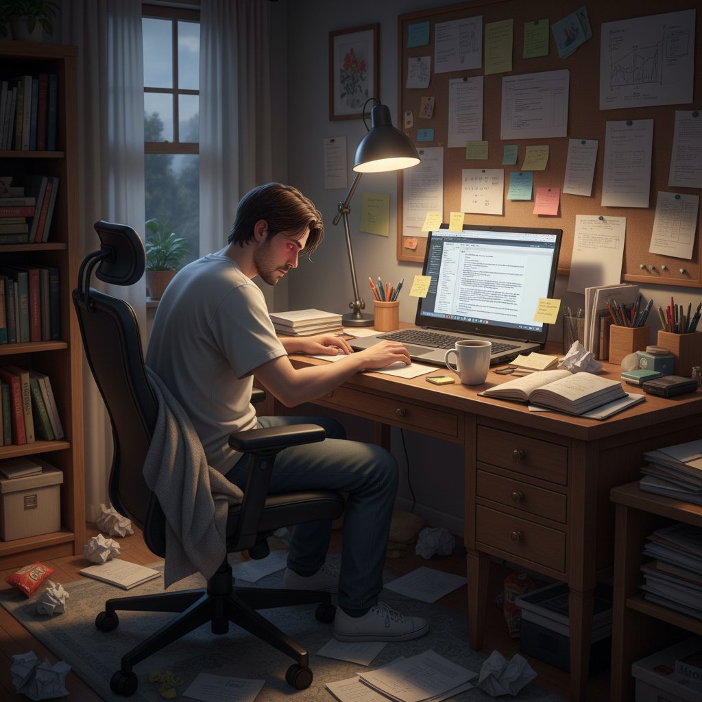 Proces powstawania artykułu contentowego w domu – laptop, notatki, kawa, zmęczony autor