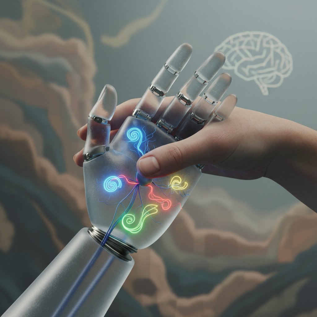 Sztuczna dłoń sięgająca do ludzkiej dłoni na tle kolorowych świateł