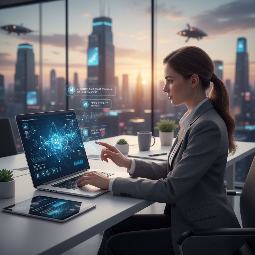 Artificial intelligence chatbot tool concept with businesswoman using laptop, data visualization