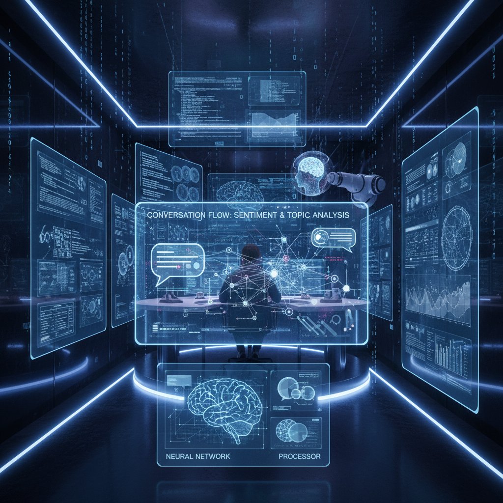 Sztuczna inteligencja analizująca rozmowę, ekran z danymi i schematami neuronowymi