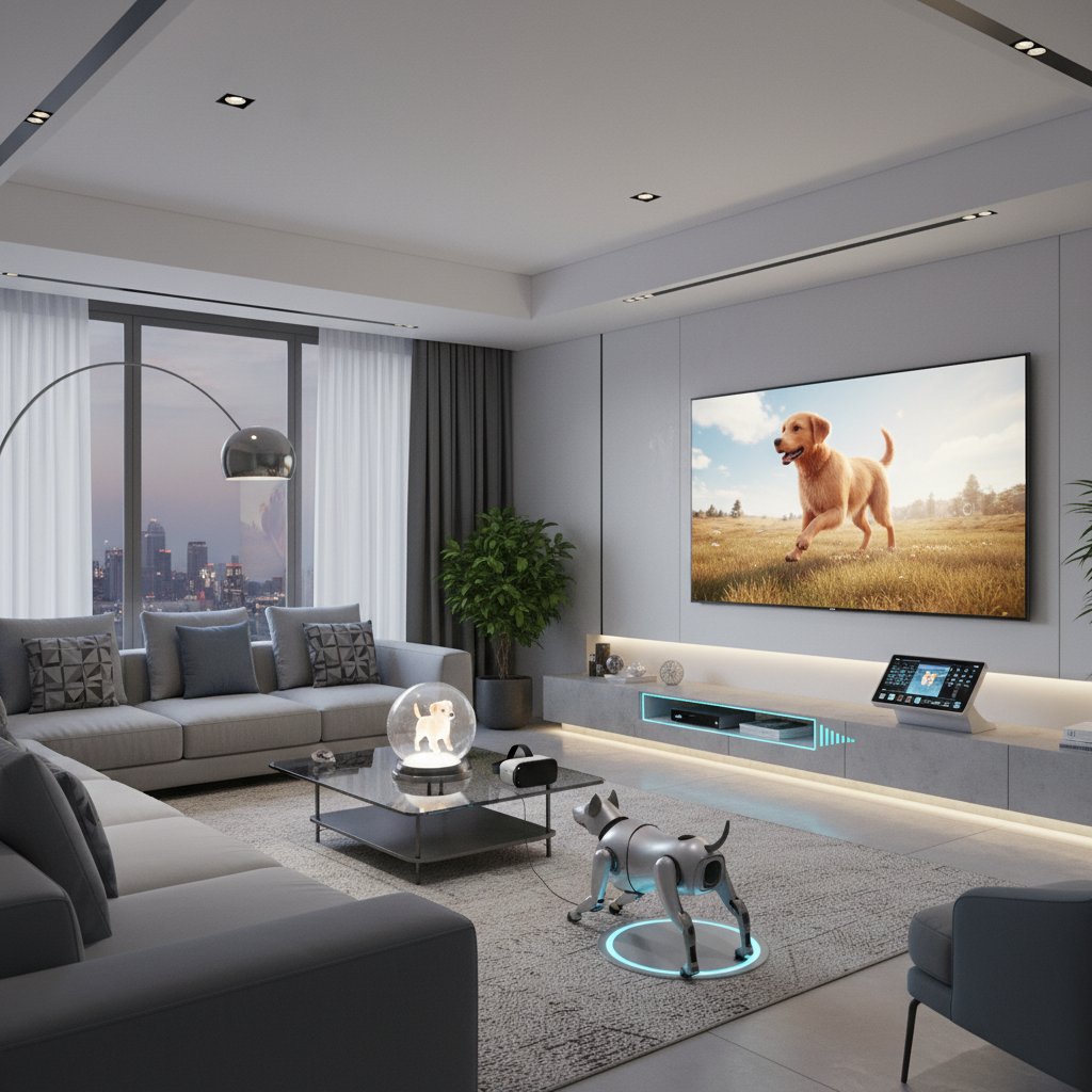 Zaawansowana AI w symulatorze psa – nowoczesny salon z cyfrowym pupilem na tablecie
