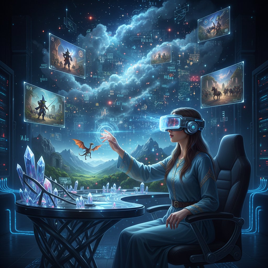 Osoba korzystająca z symulatora fantasy AI, otoczona cyfrowymi ekranami i fantastycznymi elementami