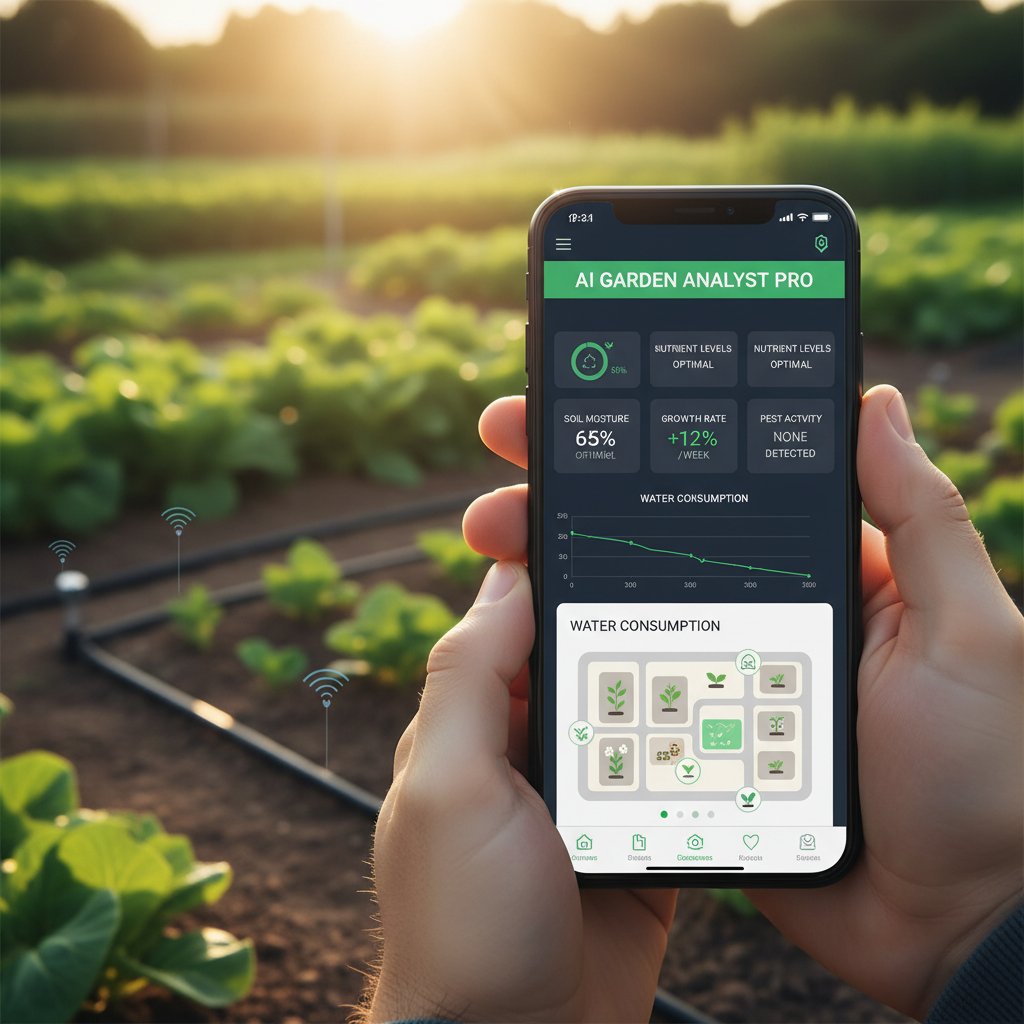 Ogród monitorowany przez sztuczną inteligencję z widocznym smartfonem i tabelą statystyk