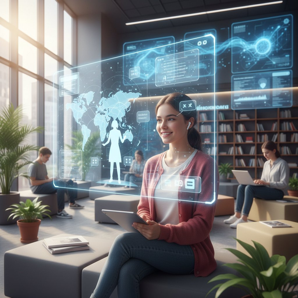 Nowoczesny system AI wspierający naukę języka polskiego, uczeń przed komputerem w interaktywnym środowisku