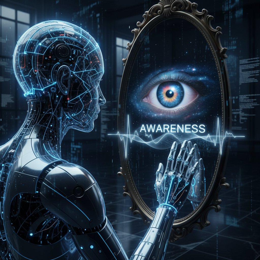 Sztuczna inteligencja patrzy w lustro – ilustracja symbolizująca świadomość AI