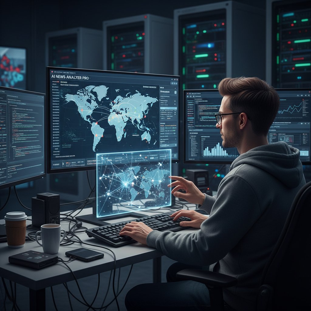 Programista testujący system AI do analizy newsów przy kilku ekranach komputerów