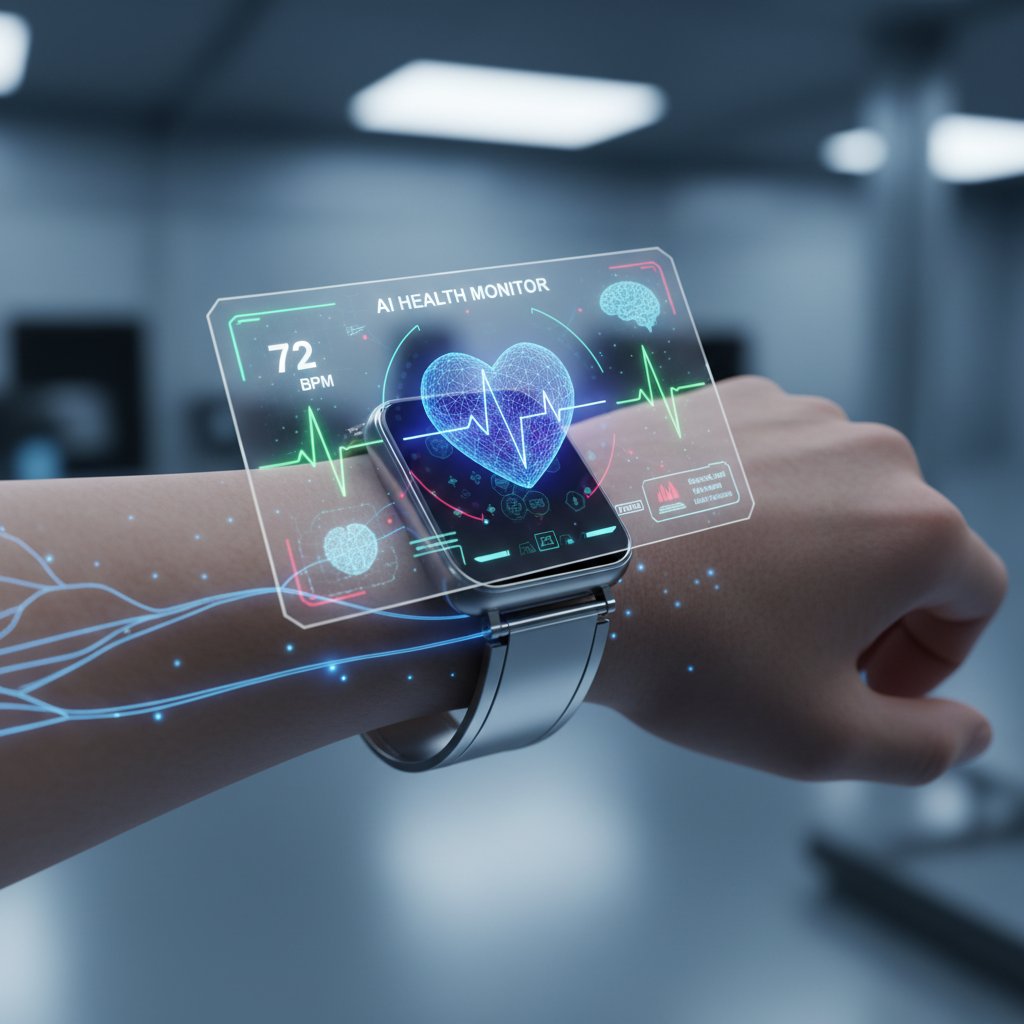 Wizualizacja sztucznej inteligencji analizującej tętno – technologia przyszłości na nadgarstku