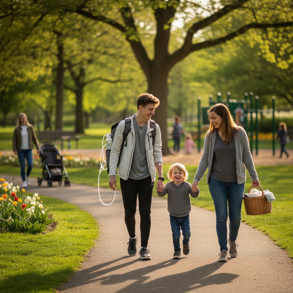 Zadowolony pacjent ze sztuczną nerką idący po parku z rodziną