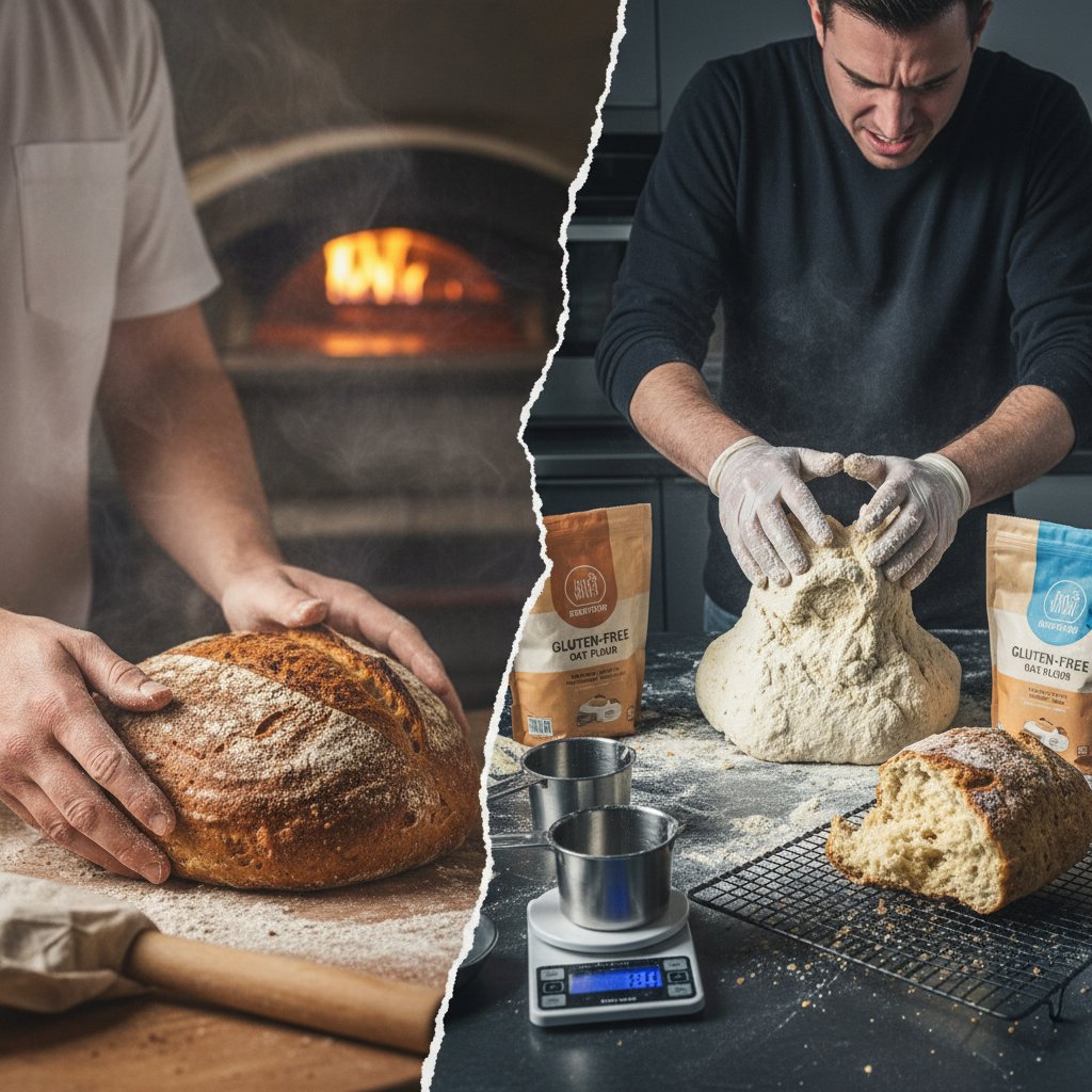 Chleb rzemieślniczy i jego bezglutenowe zamienniki w porównaniu, obrazujące różnice i kontrowersje wokół glutenu