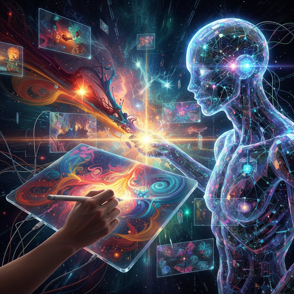 Dramatic, stylized photo of an artist and an AI collaborating on a digital canvas. Alt: An AI assistant and human artist co-create a vibrant piece of digital art.
