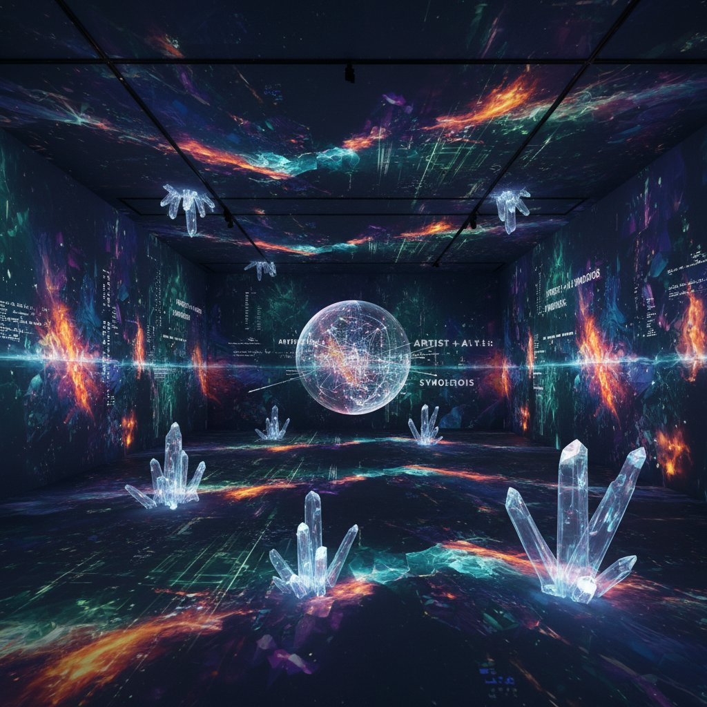 Zdjęcie artysty współpracującego z AI nad cyfrową instalacją artystyczną