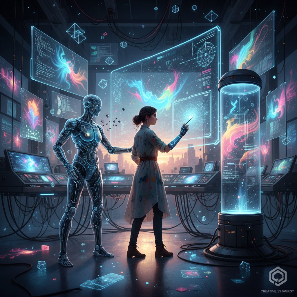 Artysta współpracuje z AI w pracowni, komputery i ekrany pełne cyfrowych obrazów