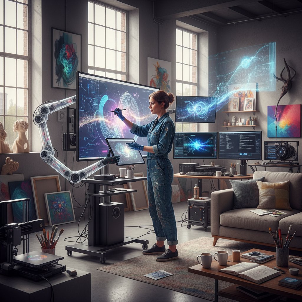 Abstract photo of artist collaborating with AI, blending digital and traditional creative tools in a modern studio