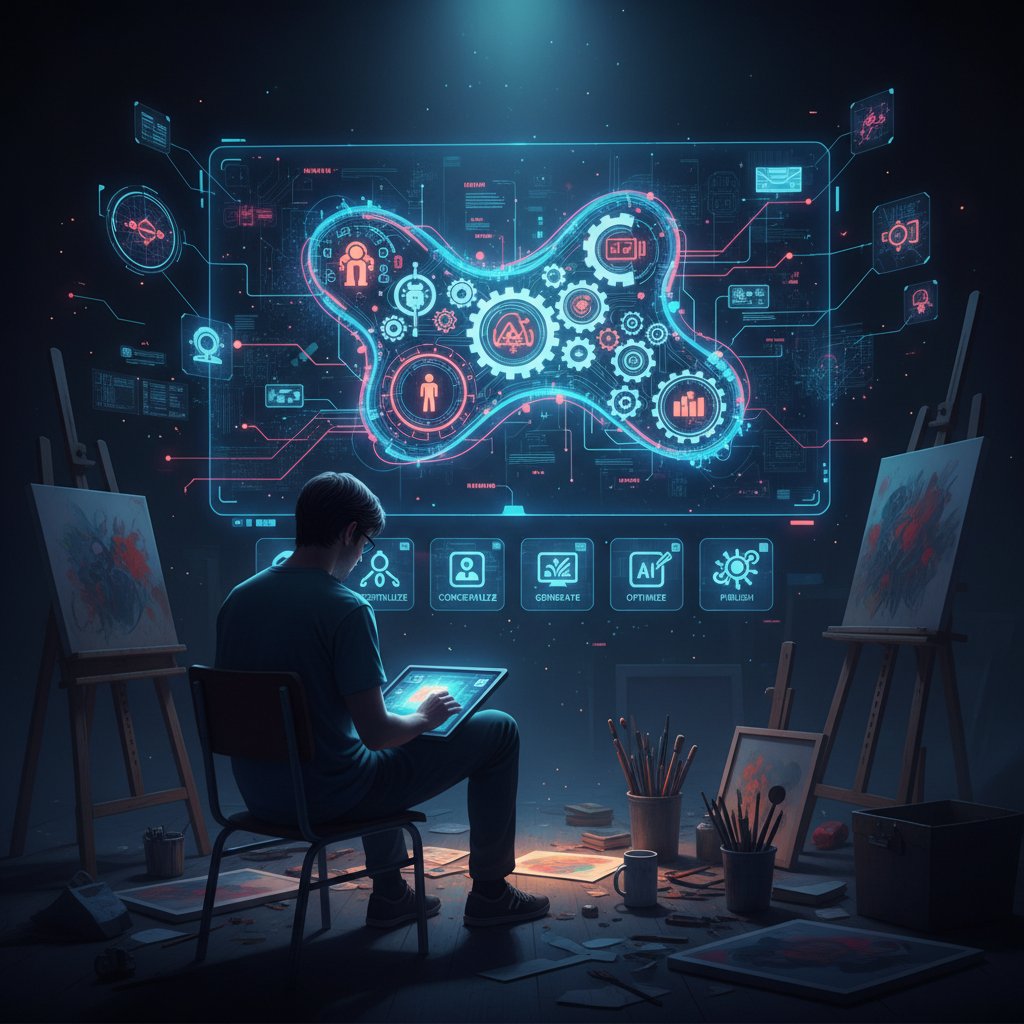 Artist using AI-powered task automation tools in a studio, digital icons floating around, moody lighting