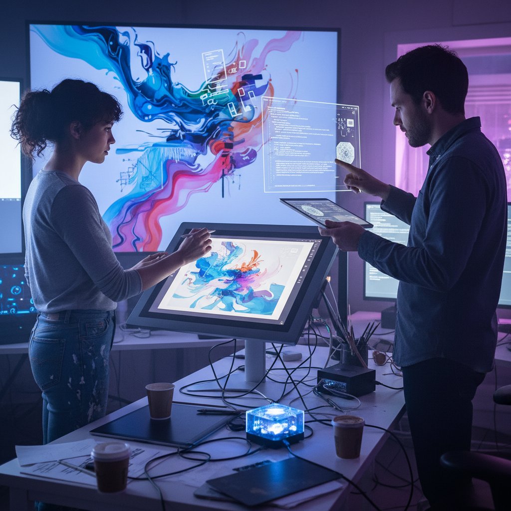 Artysta i specjalista AI współpracujący przy projektowaniu koncepcji kampanii marketingowej
