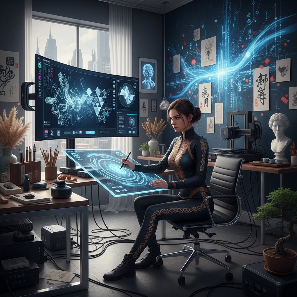 Artysta korzysta z narzędzi AI do projektowania grafiki w pracowni, łącząc tradycję z nowoczesnością