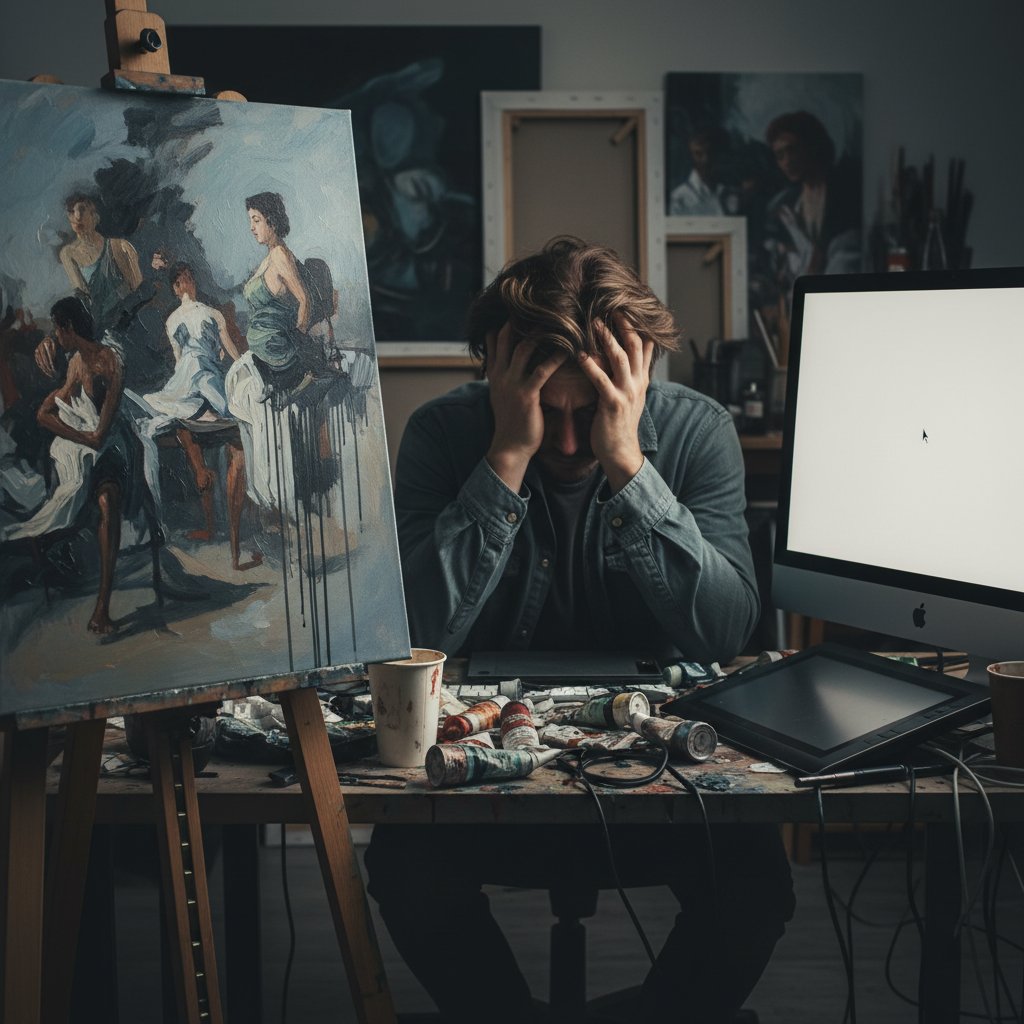 Artysta zrezygnowany przed komputerem z niedokończonym obrazem