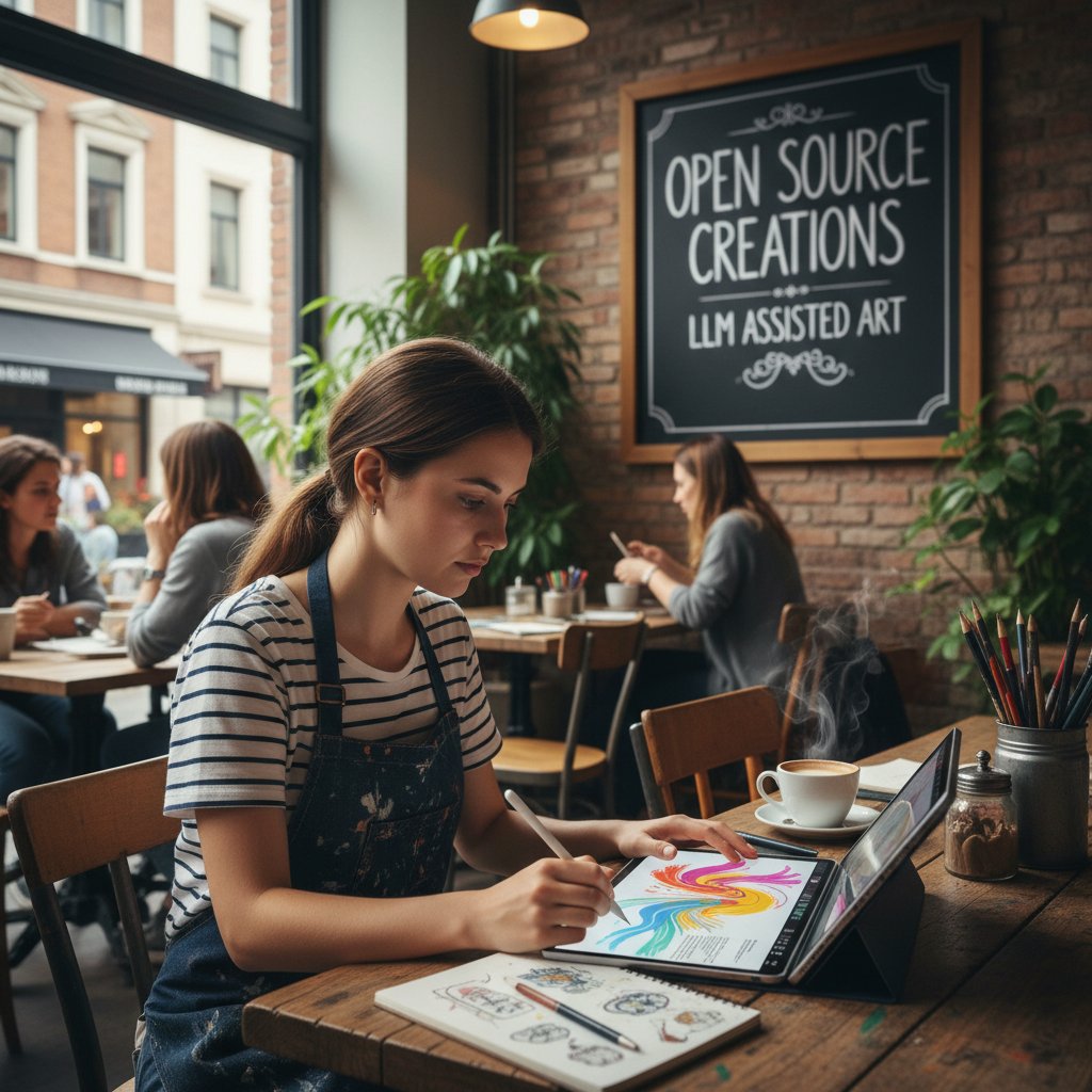 Artysta korzystający z chatbota open source llm przy tworzeniu dzieła sztuki w kawiarni