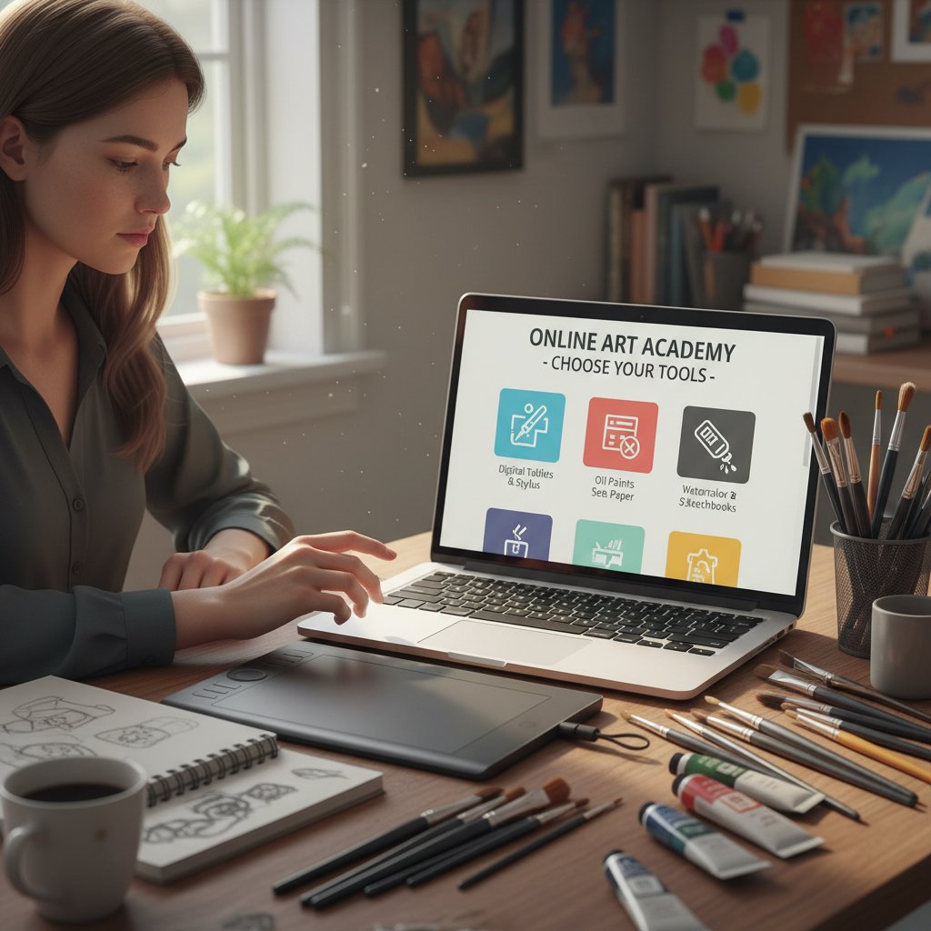 Artysta wybiera narzędzia do nauki malarstwa online przy biurku