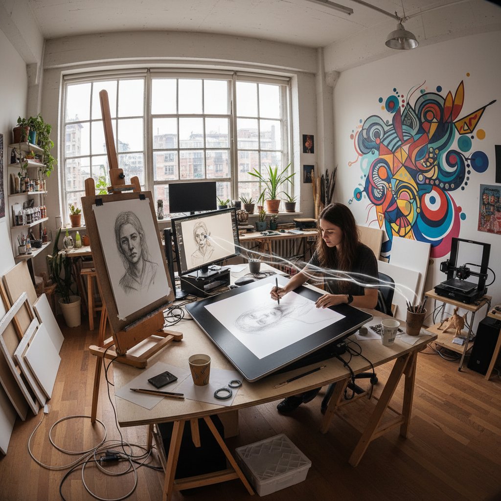 Artysta łączący techniki ręczne i cyfrowe podczas pracy nad grafiką w jasnym studio