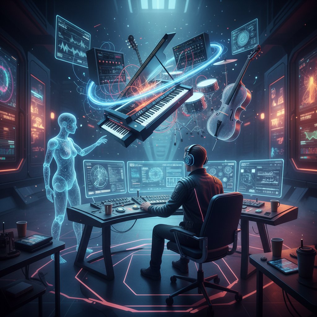 Artysta komponujący muzykę z pomocą AI, instrumenty, kreatywna atmosfera, inspiracja technologią
