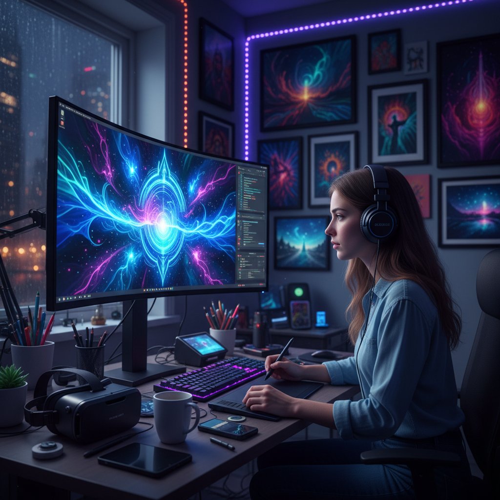 Artysta i komputer przy współpracy nad dziełem cyfrowym – symbol symbiozy sztuki i technologii