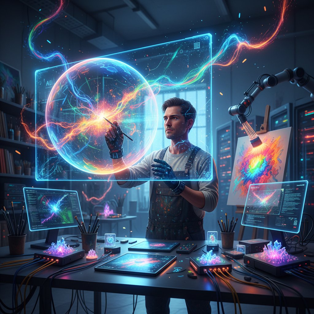 Artysta eksperymentujący z AI w procesie twórczym, kolorowe światła, kreatywne otoczenie