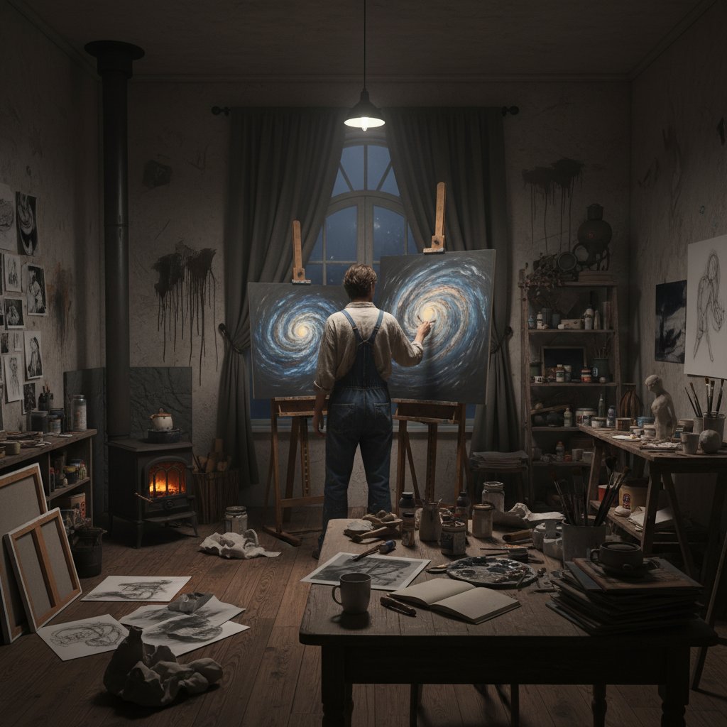 Artysta pracujący w zaciemnionym studiu, skupiony na obrazie, wokół narzędzia i notatki kreatywności