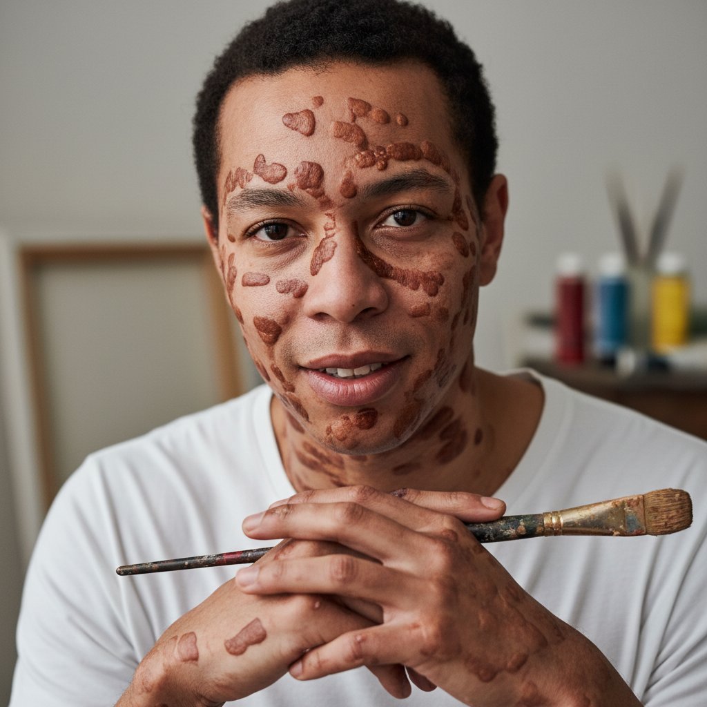 Artystka z keloidami pozująca do portretu, ekspresja siły i autentyczności