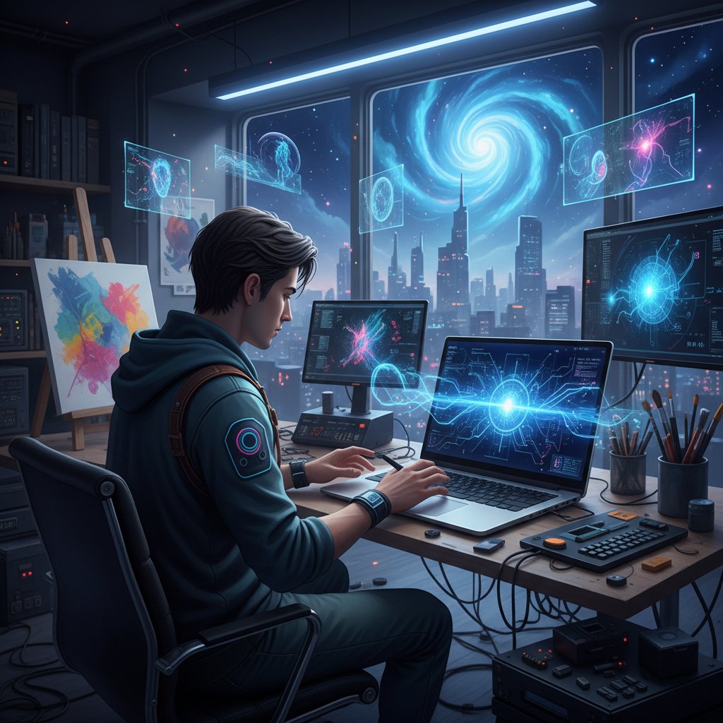 Artysta i laptop w studiu, połączenie twórczości człowieka i AI, automatyzacja a filozofia pracy