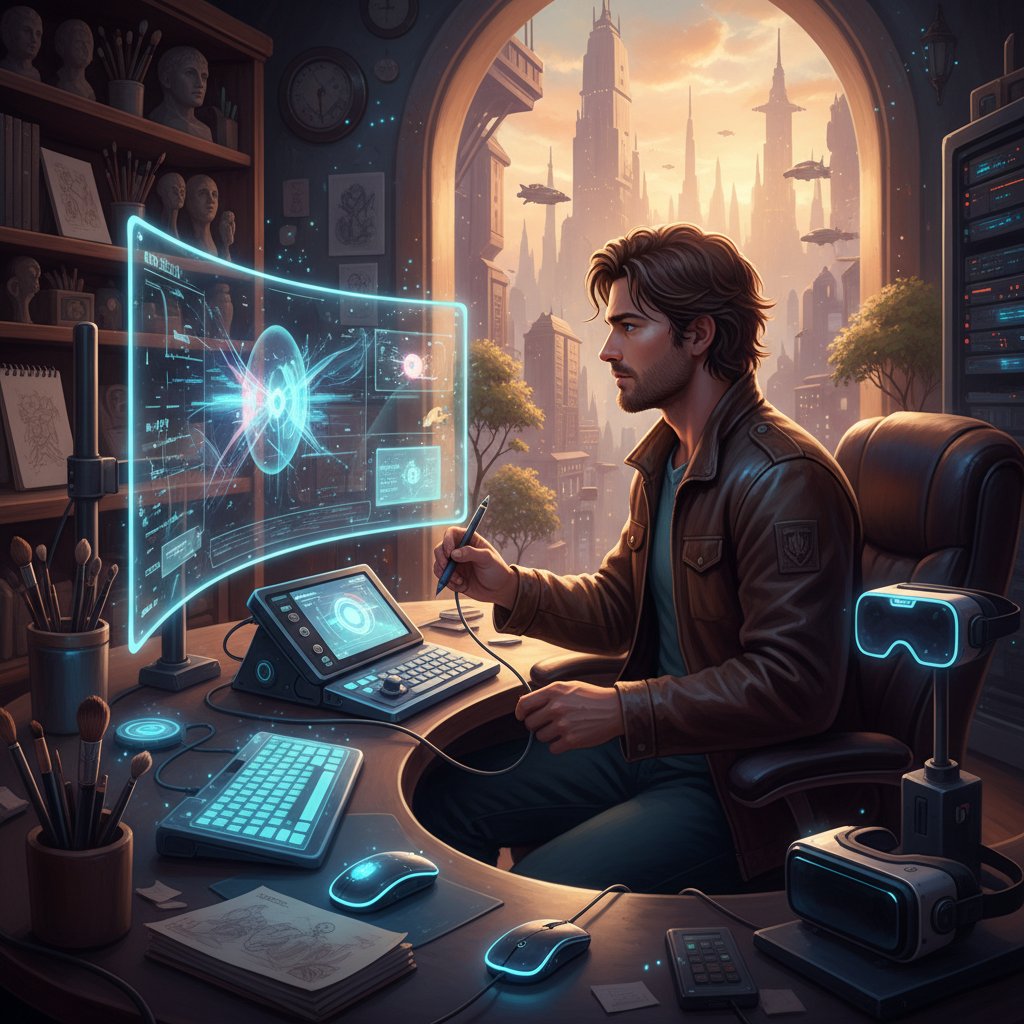 Artysta spogląda w przyszłość, otoczony klasycznymi i cyfrowymi narzędziami malarskimi