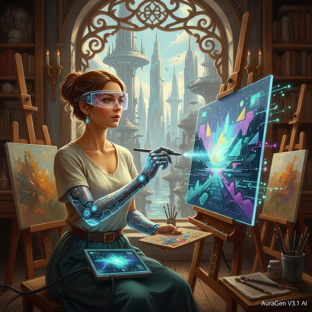 Artysta malujący obraz na podstawie wygenerowanego przez AI dzieła