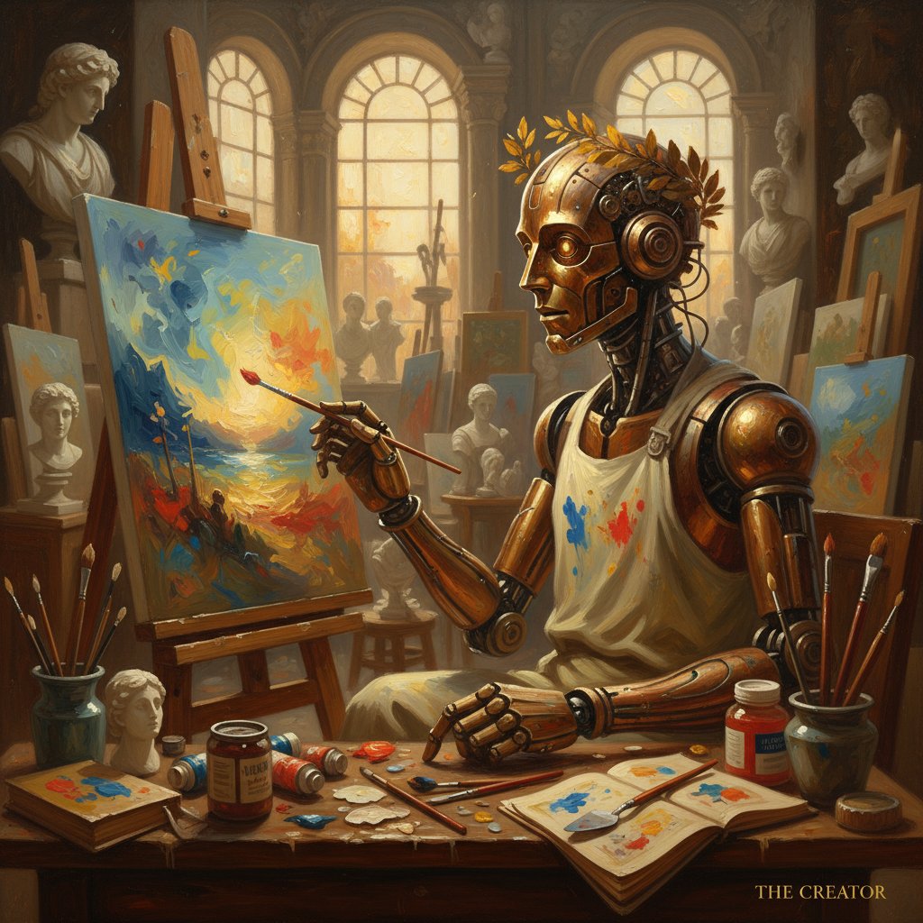 Artysta tworzący obraz obok robota – symbol ludzkiej kreatywności