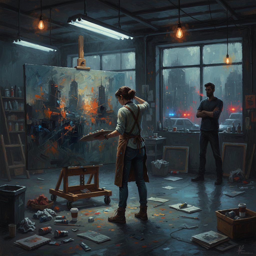 Artysta pracuje przy dużym płótnie, intensywne skupienie, urbanistyczny klimat, wieczór, napięcie w postawie