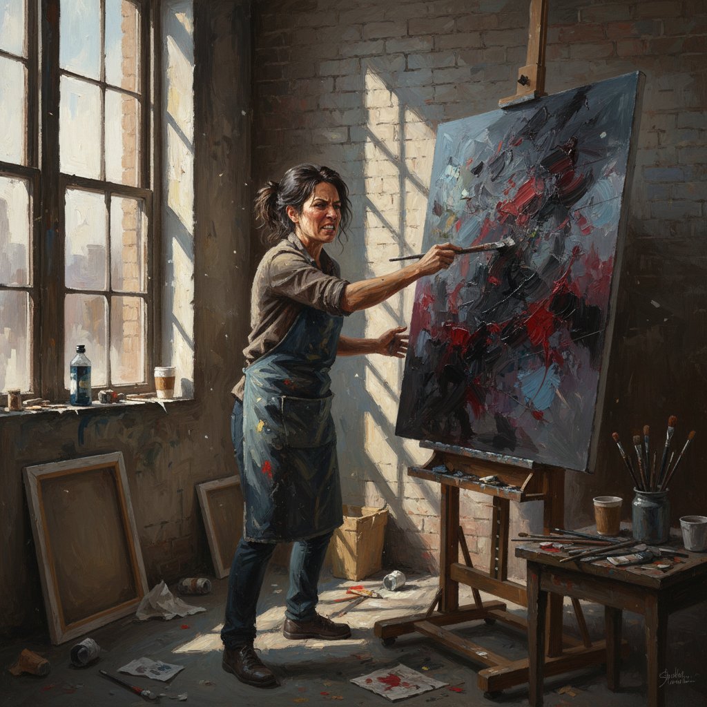 Artysta malujący intensywnie obraz, wyrażający złość, studio, światło padające przez okno