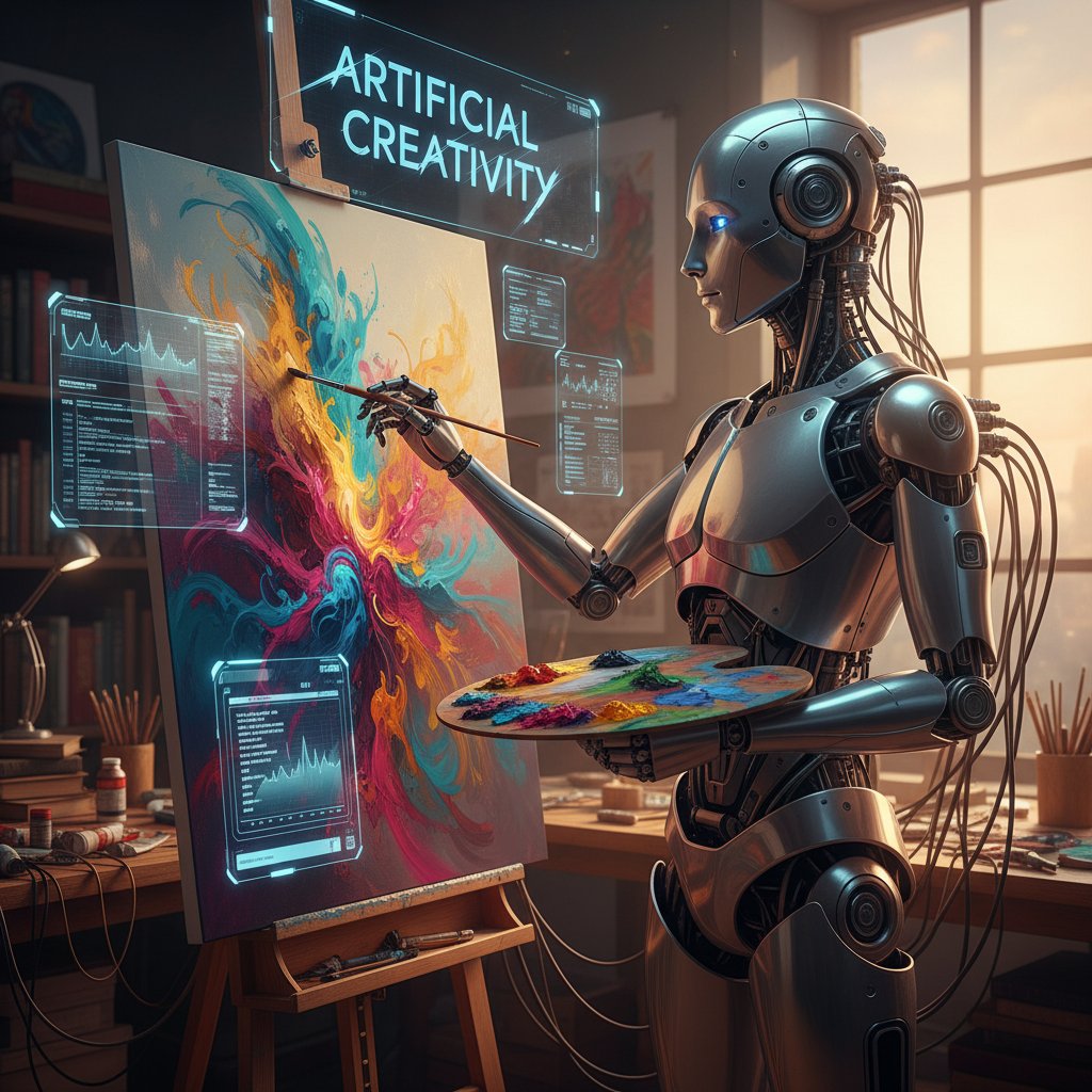 Artysta i robot tworzący obraz na płótnie, symbol dialogu sztuki i technologii