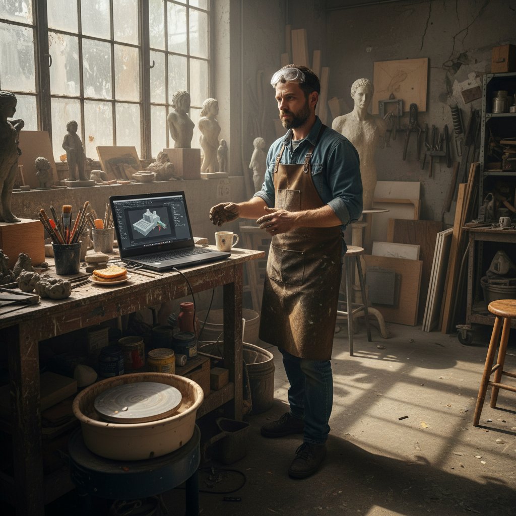 Artysta rzeźbiący w pracowni, korzystający z laptopa do konsultacji online